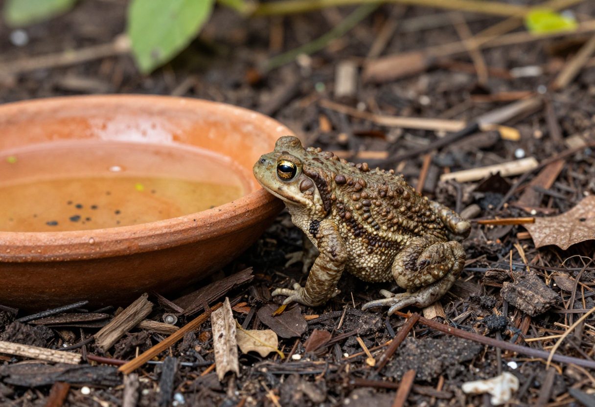 A small garden toad sheltering near a shallow water dish and damp mulch in a garden bed