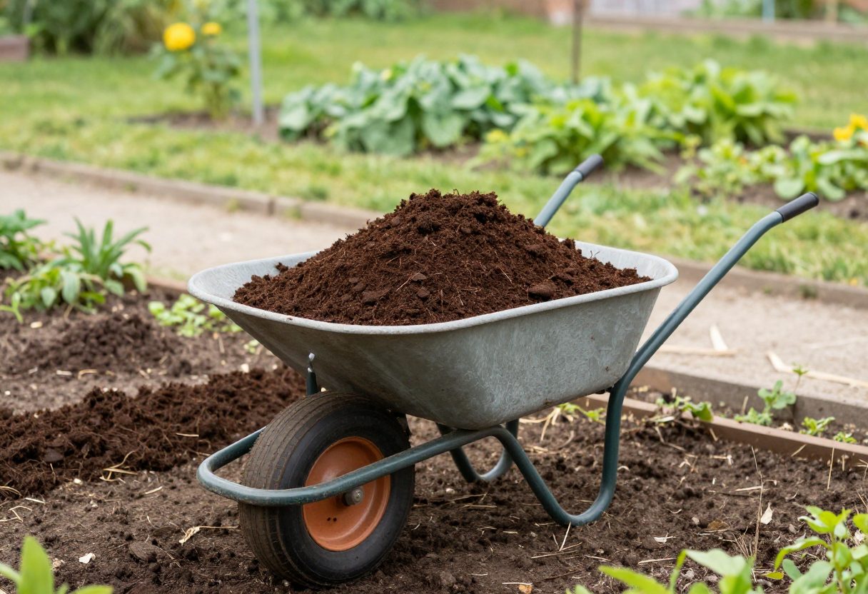 A wheelbarrow of finished compost being spread onto a garden bed with a shovel