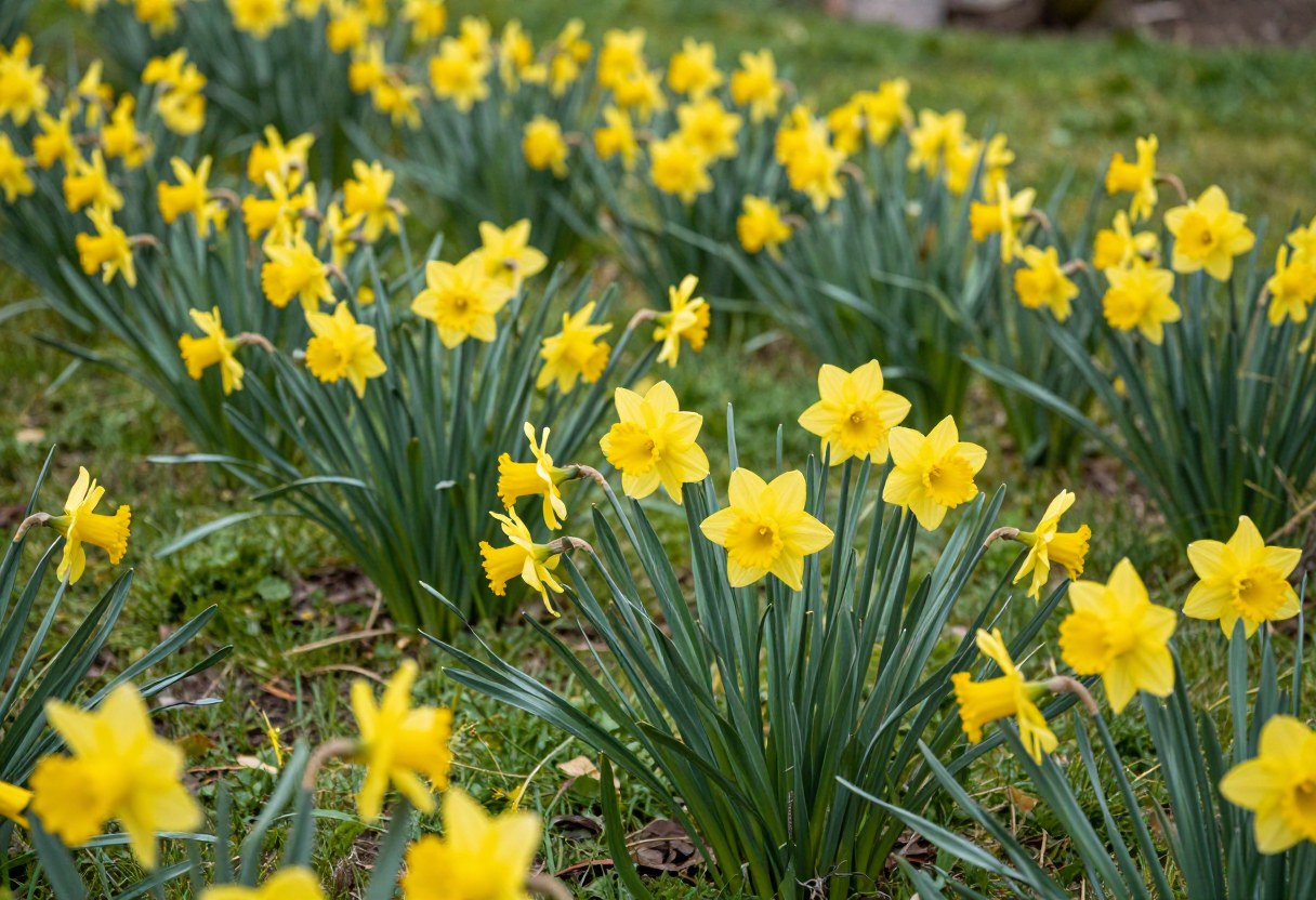 Golden yellow daffodils naturalized in drifts across a green lawn