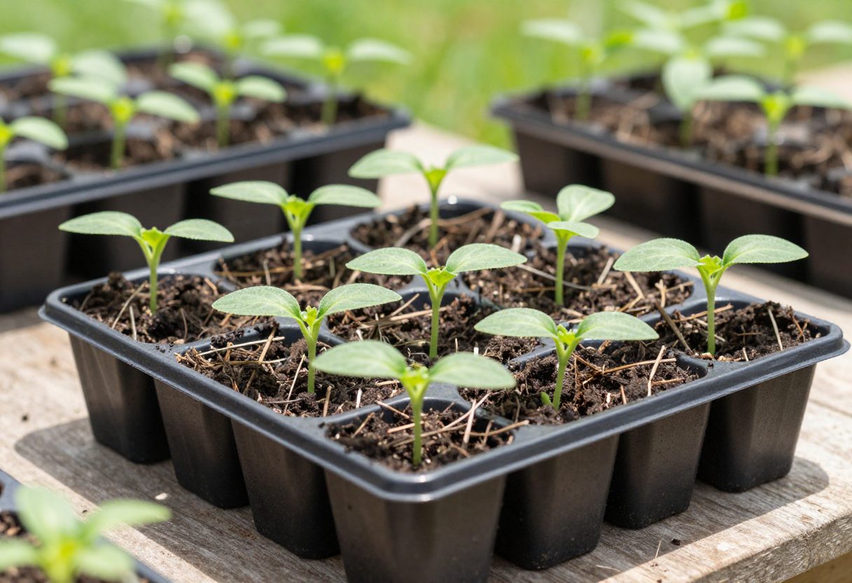 Seedling trays being gradually acclimated to outdoor conditions in a sheltered spot