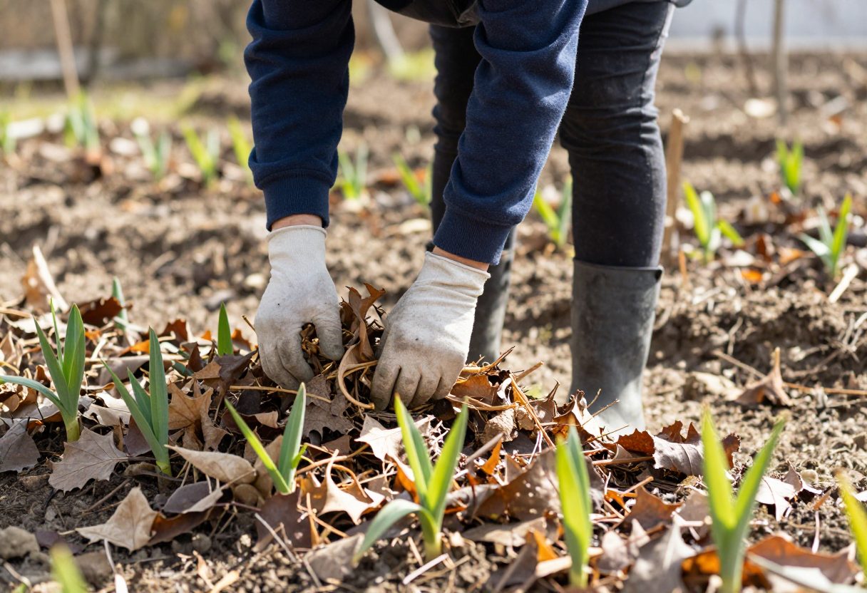 A gardener clearing winter debris from a garden bed with new green growth emerging