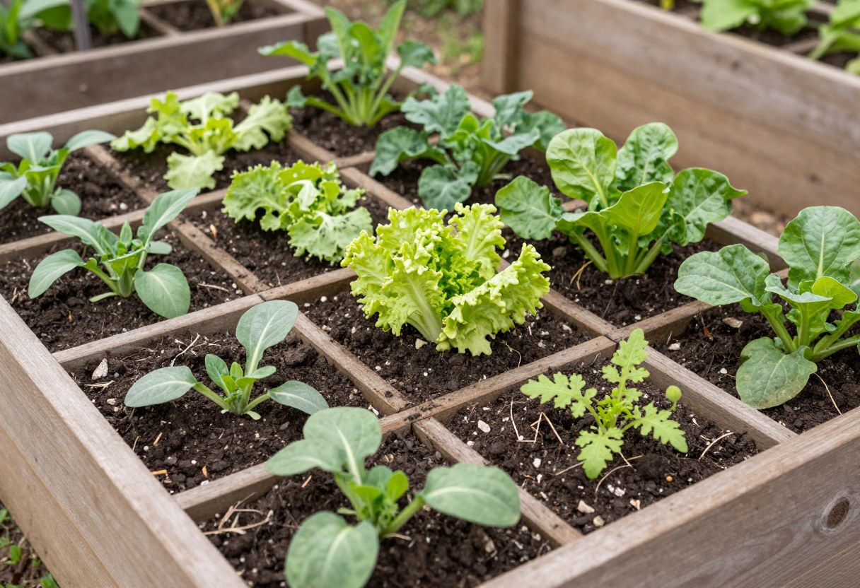 An overhead view of a wooden raised garden bed divided into a grid with different vegetables growing in each square