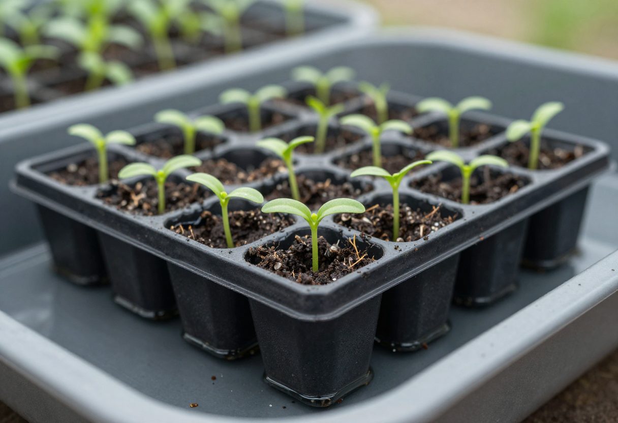 A seedling cell tray sitting in a shallow tray of water soaking up moisture from below