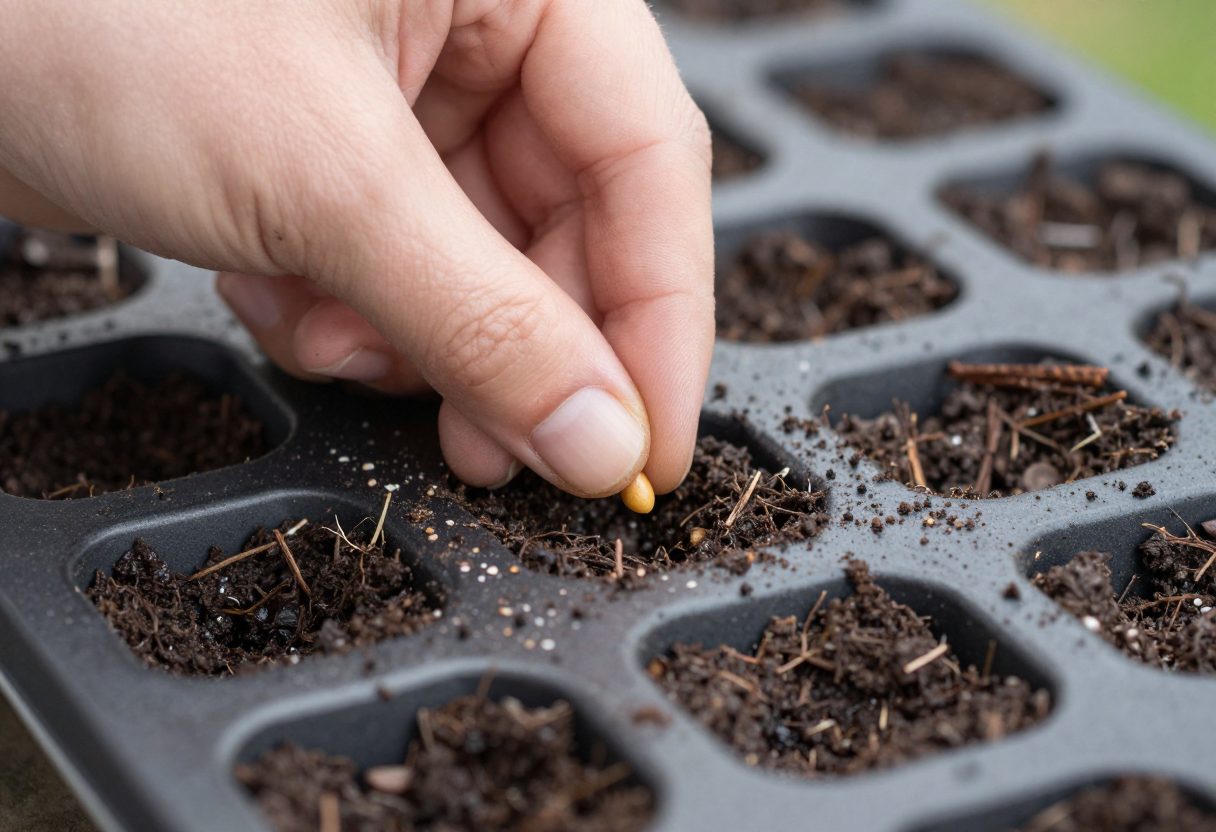 A hand pressing a single small seed into a cell of dark seed starting mix in a seedling tray