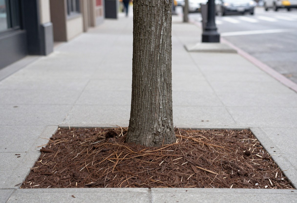 A street tree trunk with a neat donut shaped ring of mulch around its base on a city sidewalk