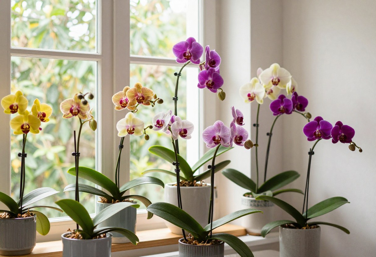 Colorful blooming orchids arranged on a shelf in a bright sunroom corner