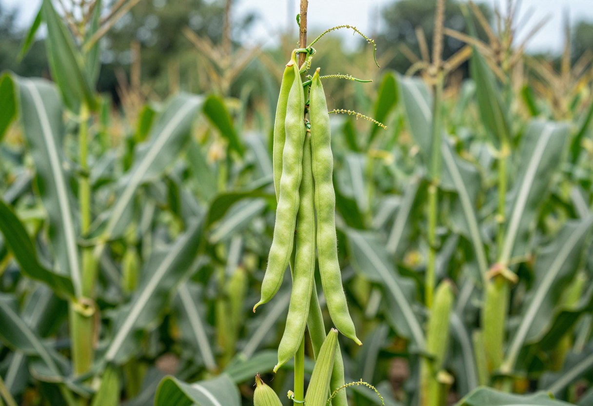 Green bean vines climbing up tall corn stalks in a summer garden