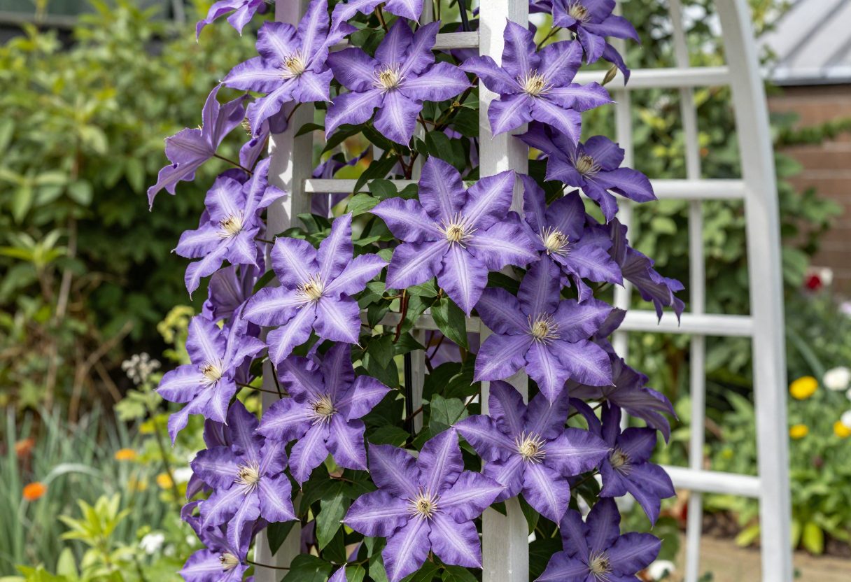 A clematis vine with large purple flowers climbing a garden trellis