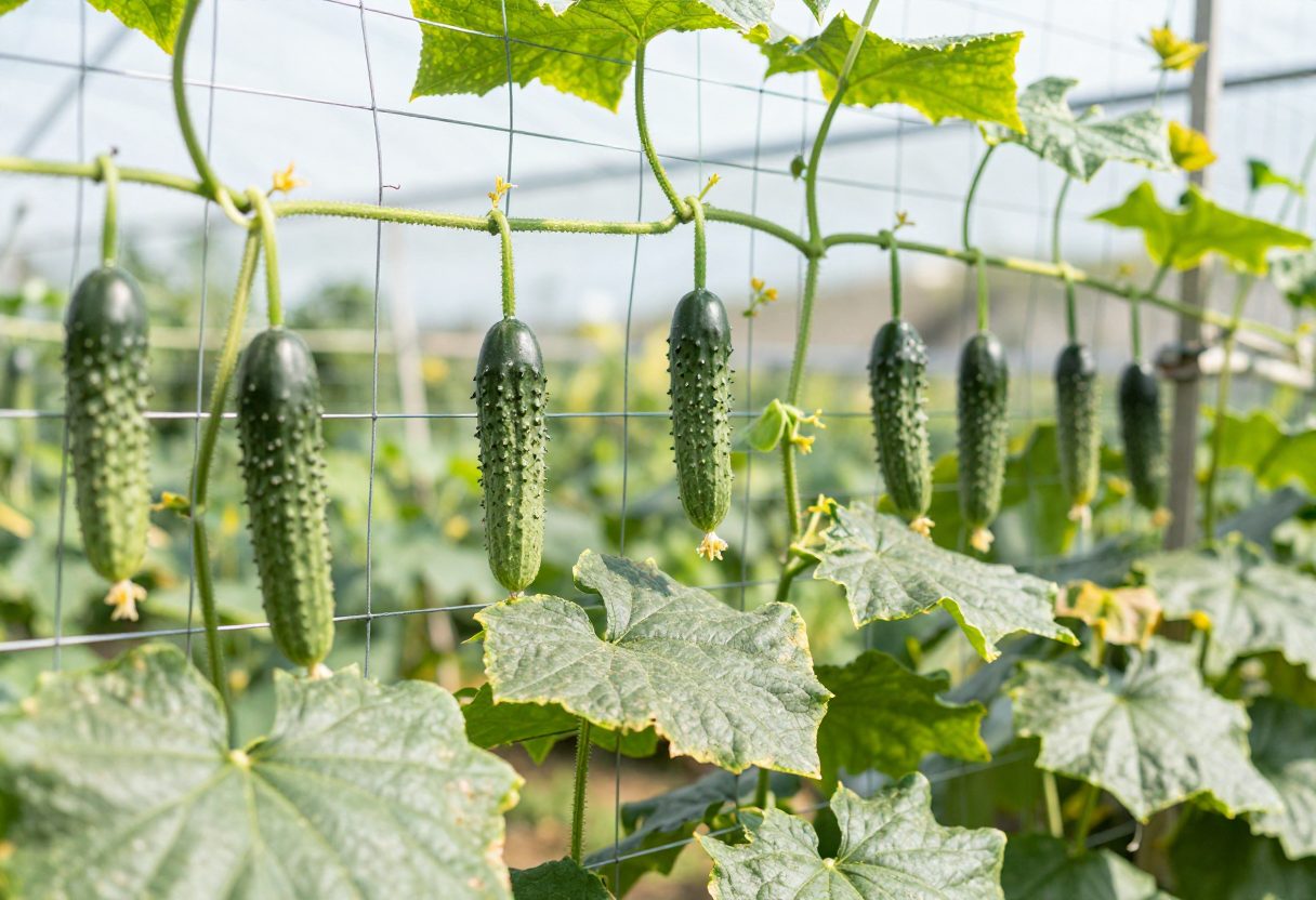 Cucumber vines climbing a wire mesh trellis with hanging cucumbers visible