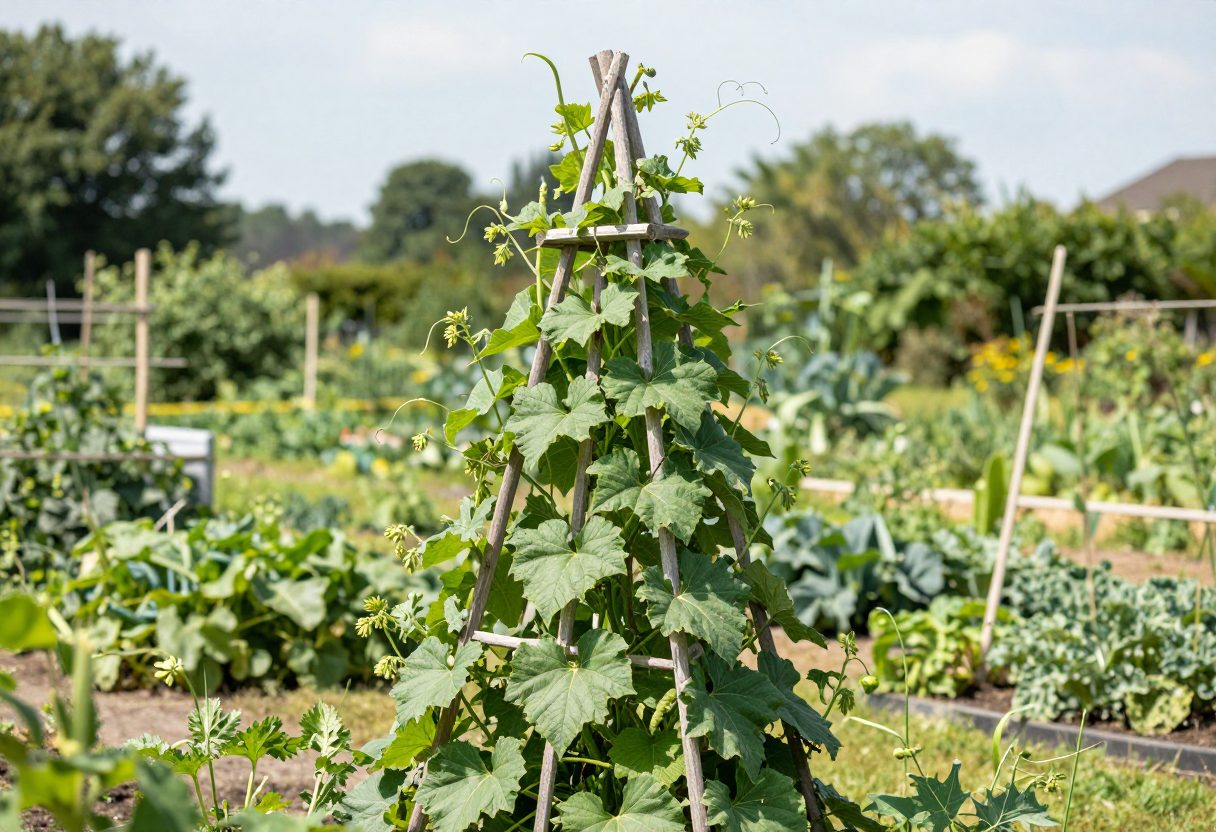 Pole beans climbing a tall wooden trellis in a vegetable garden