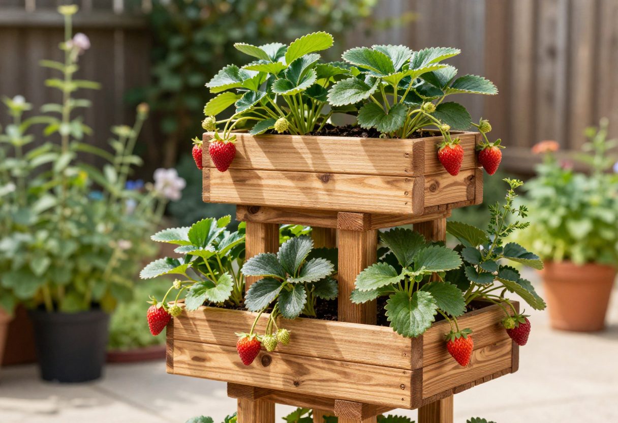 A stacking tower planter growing strawberries and herbs on a patio