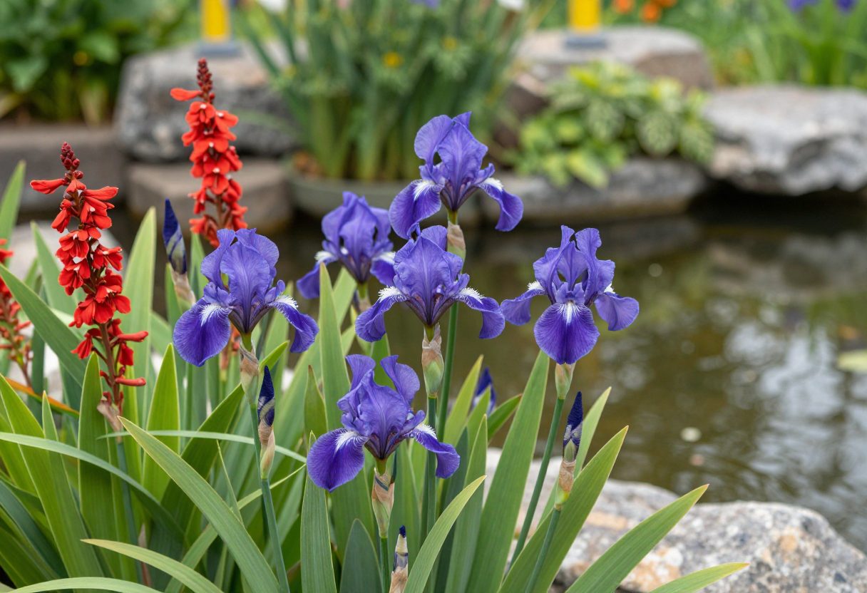 Blue flag iris and red cardinal flower blooming together at a pond edge