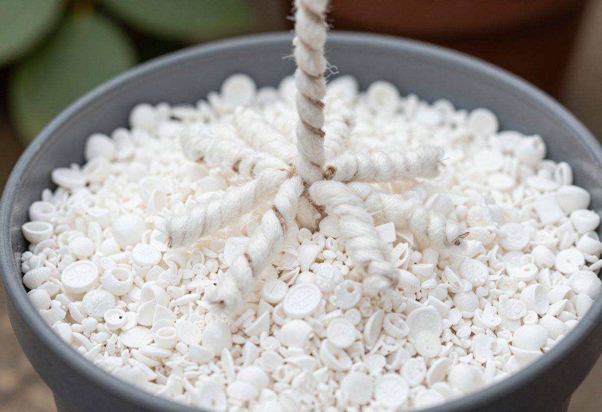 Close-up of white perlite grow medium in a small pot with a cotton wick fanned out among the pieces