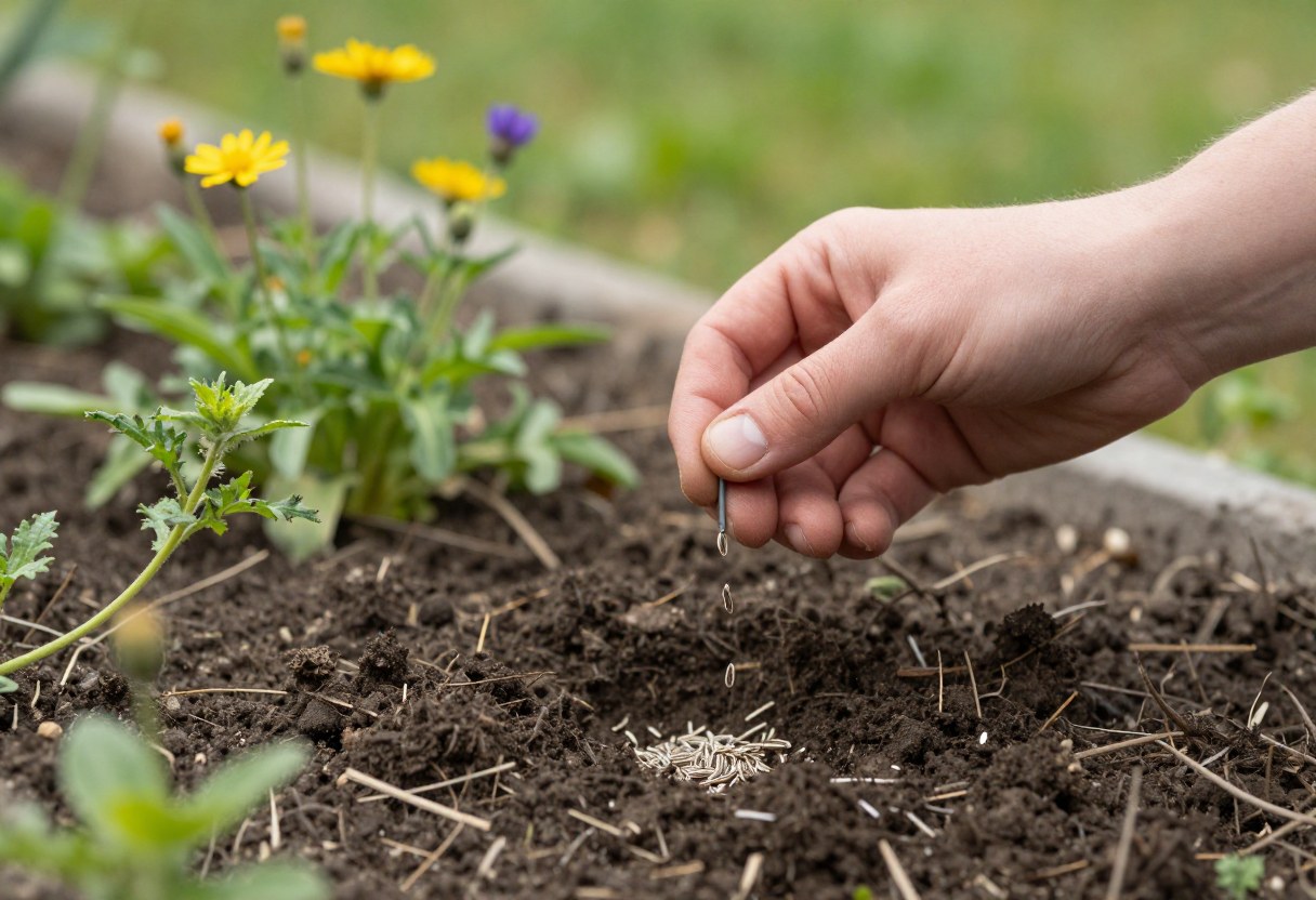 A hand broadcasting wildflower seed over freshly prepared soil in a garden