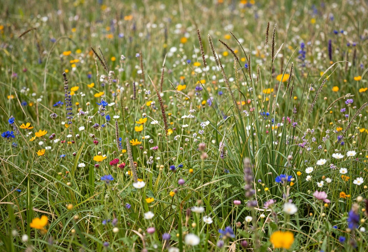 A colorful wildflower meadow in full bloom with mixed native flowers and tall grasses