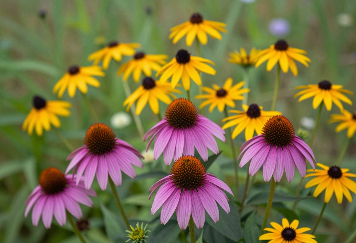 Purple coneflowers and yellow black-eyed susans blooming together in a wildflower meadow