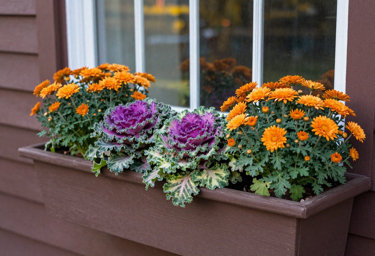 A fall window box planted with ornamental kale and mums in orange and purple tones
