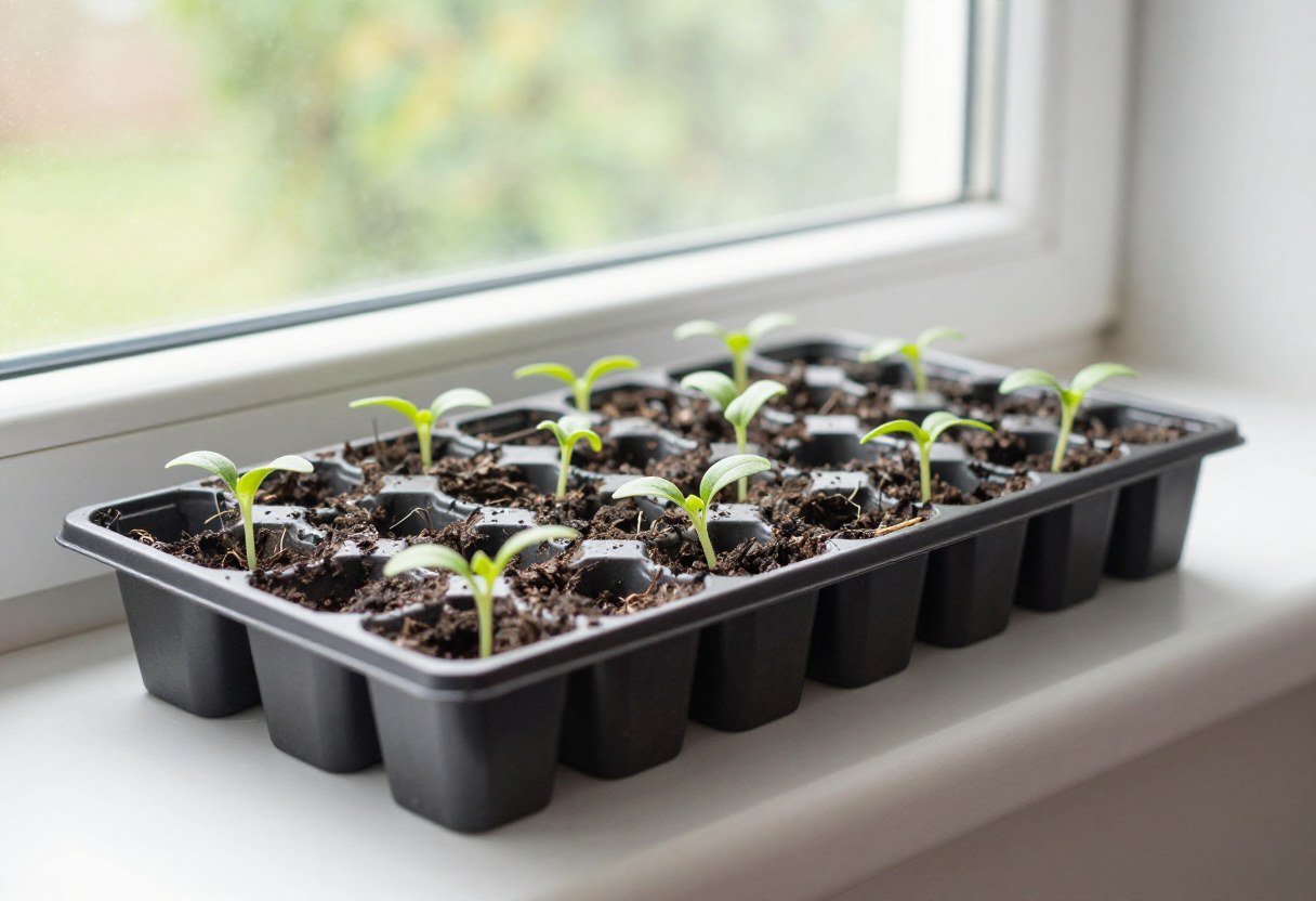 Seed starting trays with young seedlings lined up on a bright windowsill