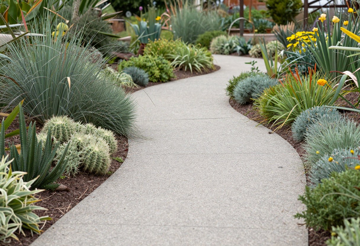 A decomposed granite path winding through a xeriscape garden with drought-tolerant plants