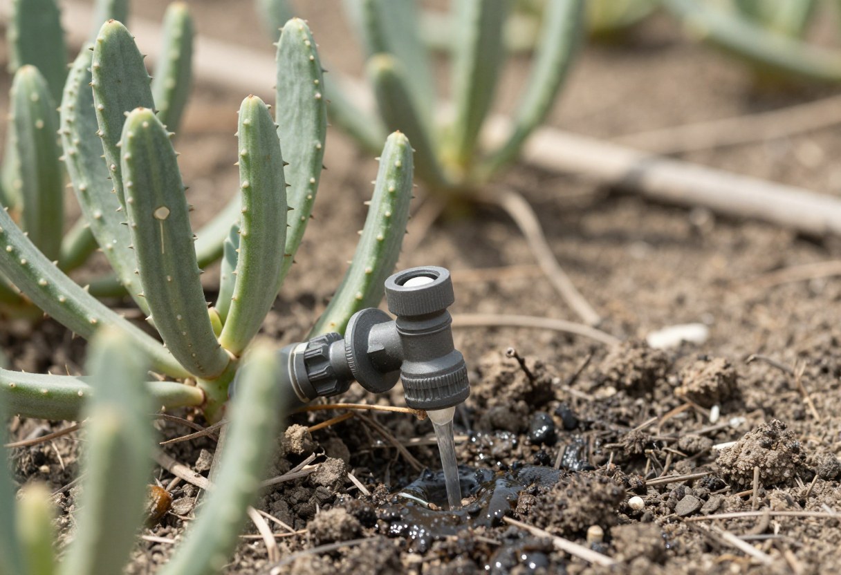 A drip irrigation emitter delivering water directly to the base of a drought-tolerant plant