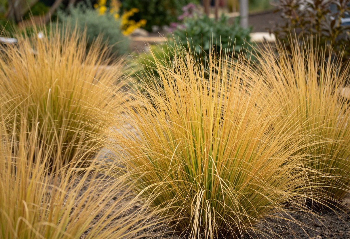 Ornamental grasses with golden fall color in a mature xeriscape garden