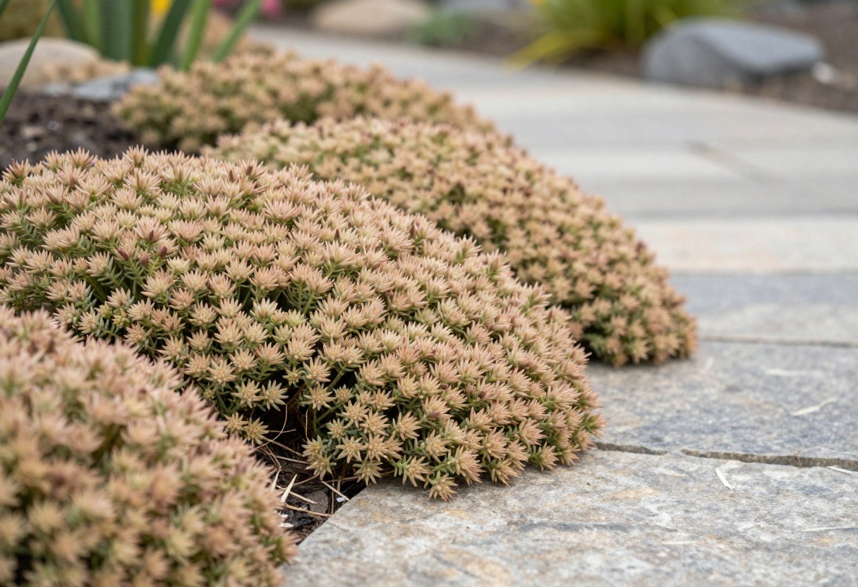 Low-growing sedum groundcover spilling over a stone garden path in a dry landscape
