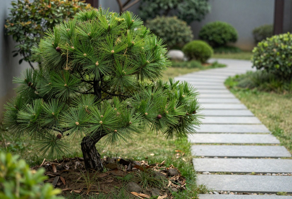A cloud-pruned pine tree beside a stepping stone path in a peaceful garden